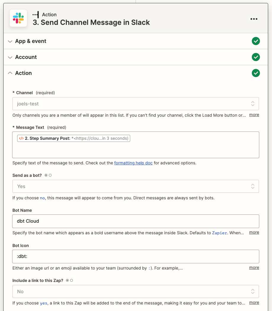 Screenshot of the Zapier UI, showing the mappings of prior steps to a Slack message